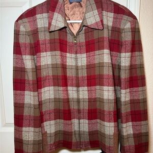 Vintage Pendleton 100% wool Red Brown & Cream Plaid Zip Jacket hidden pockets